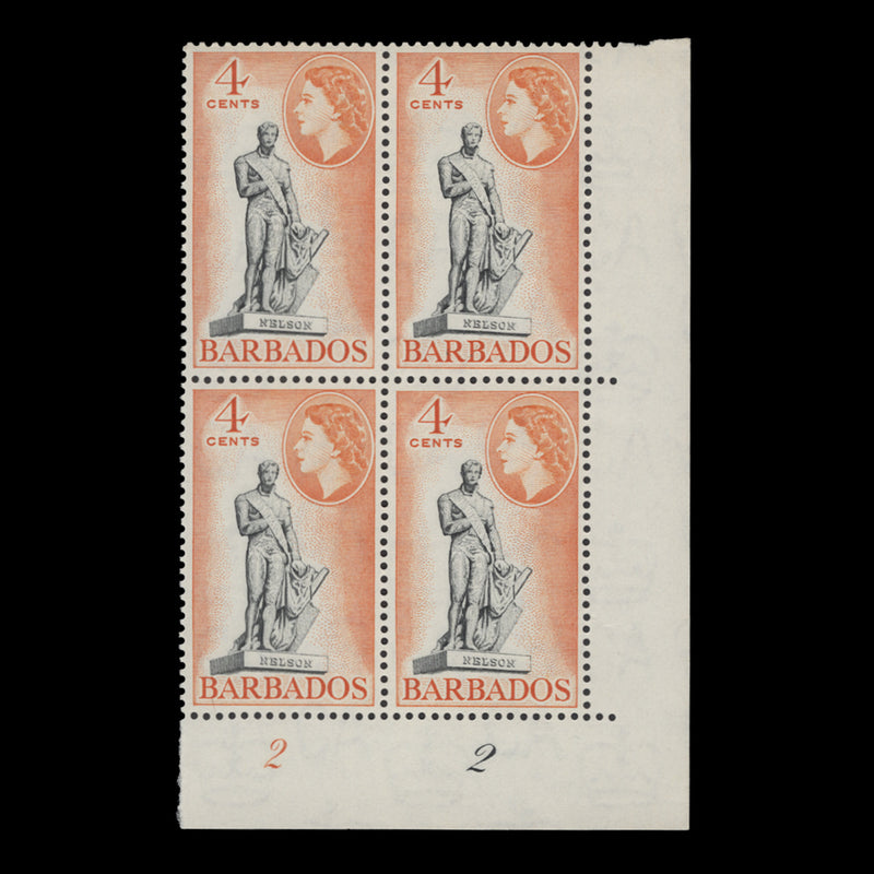 Barbados 1964 (MNH) 4c Statue of Nelson plate 2–2 block, St Edward's crown