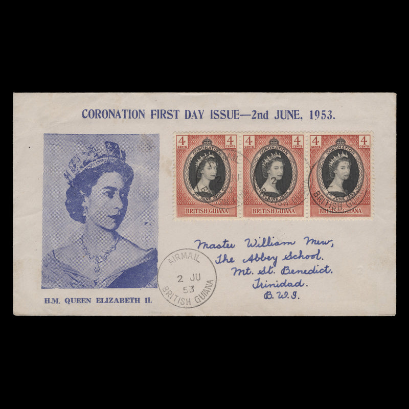 British Guiana 1953 (FDC) 4c Coronation strip, AIRMAIL