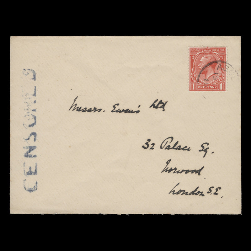 Ascension 1916 (Used) 1d Scarlet on CENSORED cover to England. SGZ40
