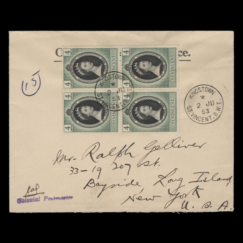 Saint Vincent 1953 (FDC) 4c Coronation block, KINGSTOWN