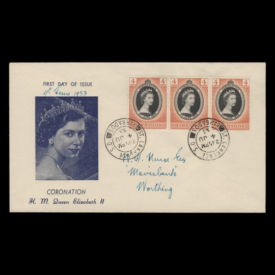 Barbados 1953 (FDC) 4c Coronation strip, ST LAWRENCE