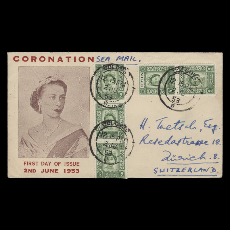 Ceylon 1953 (FDC) 5c Coronation strip and pair, COLOMBO 8