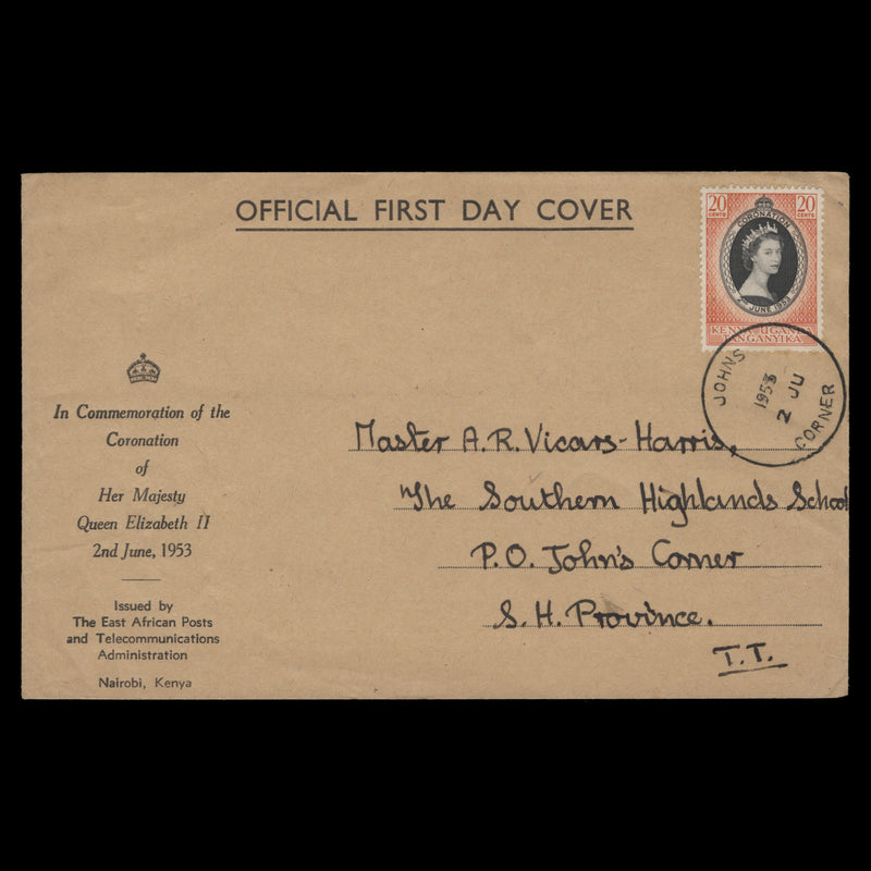 Kenya Uganda Tanganyika 1953 (FDC) 20c Coronation, JOHN'S CORNER