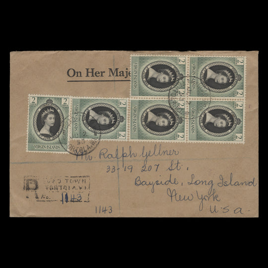 British Virgin Islands 1953 (FDC) 2c Coronation block and singles, ROAD TOWN