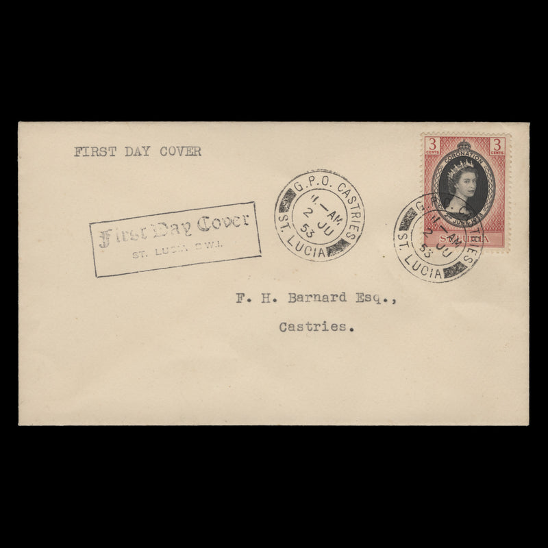 Saint Lucia 1953 (FDC) 3c Coronation, CASTRIES