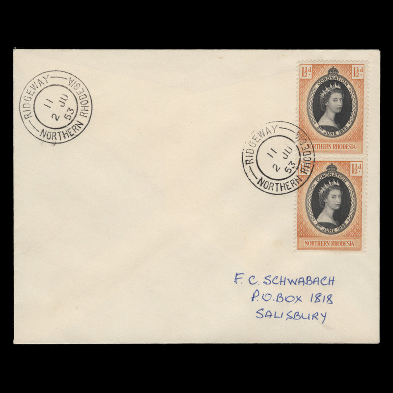 Northern Rhodesia 1953 (FDC) 1½d Coronation pair, RIDGEWAY