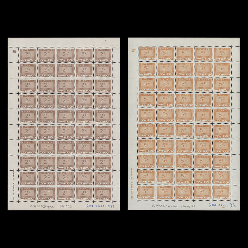 Swaziland 1973 (MNH) Small Numeral Revenues archival panes of 50 stamps