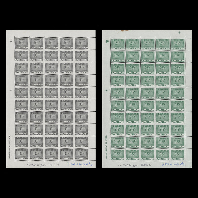 Swaziland 1973 (MNH) Small Numeral Revenues archival panes of 50 stamps