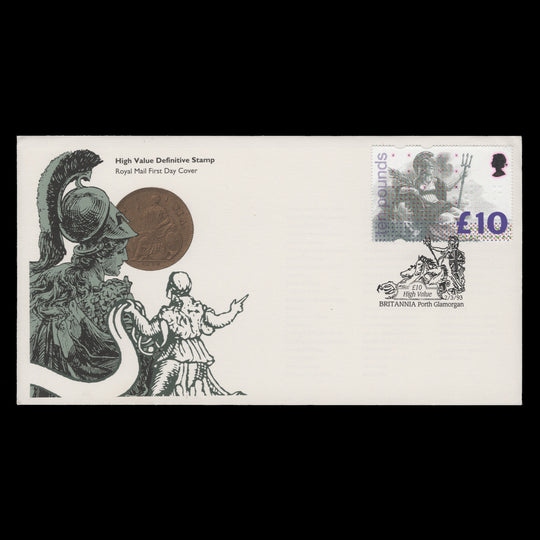 Great Britain 1993 £10 Britannia first day cover, PORTH