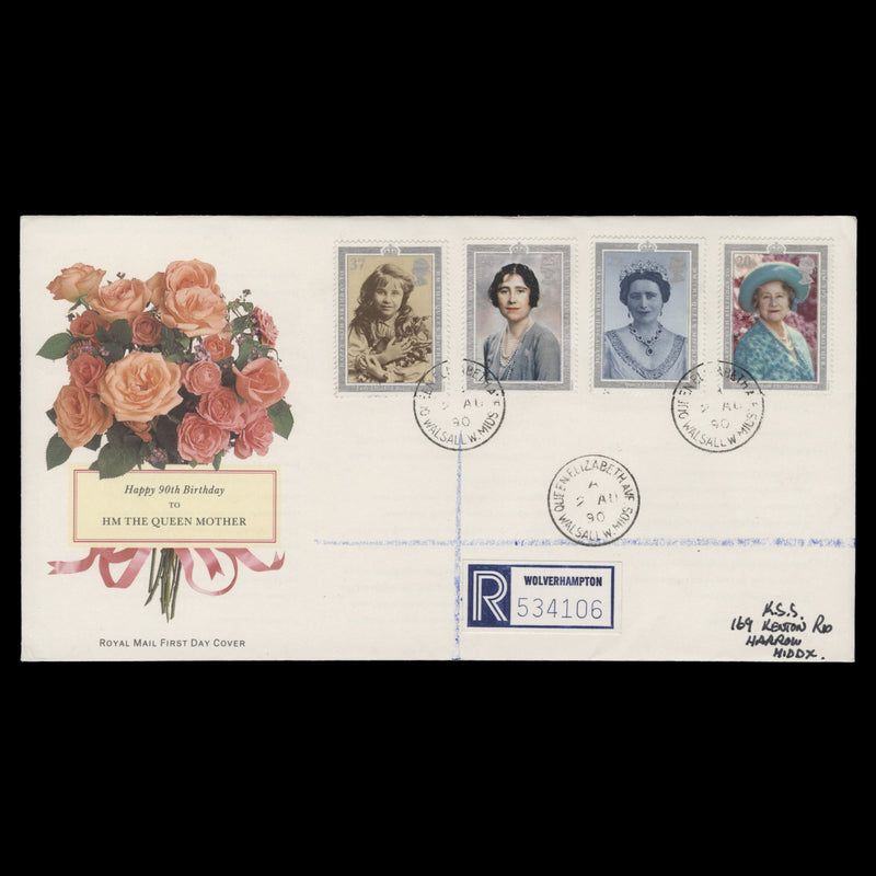 Great Britain 1990 Queen Mother's Birthday first day cover, QUEEN ELIZABETH AVE