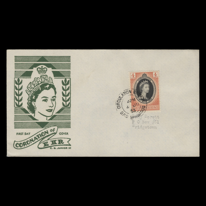 Barbados 1953 (FDC) 4c Coronation, CIRCULATION BRANCH