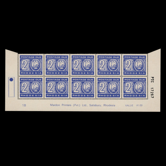 Rhodesia 1976 (MNH) 2c Postage Due imprint/plate 1B block, cream paper