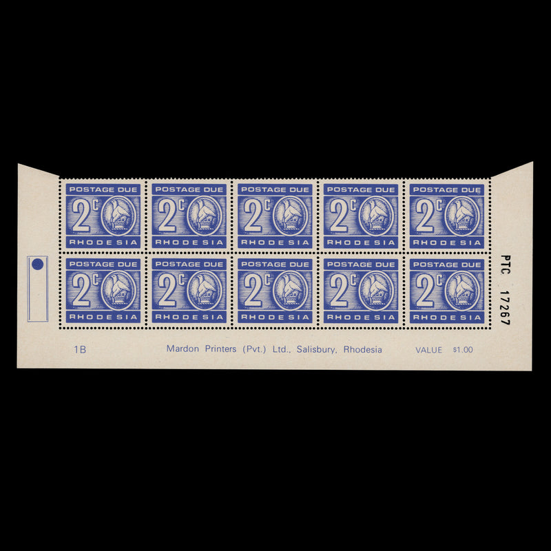 Rhodesia 1976 (MNH) 2c Postage Due imprint/plate 1B block, cream paper