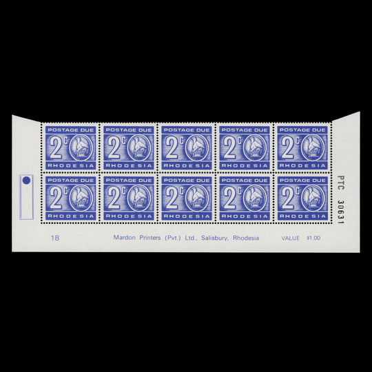 Rhodesia 1979 (MNH) 2c Postage Due imprint/plate 1B block, white gum