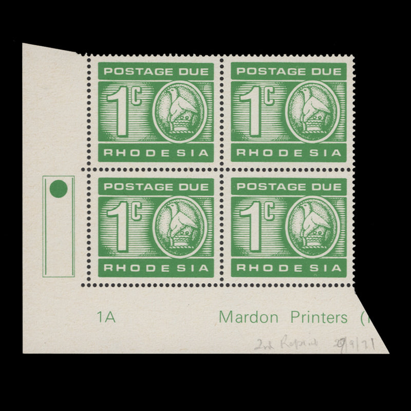 Rhodesia 1971 (MNH) 1c Postage Due traffic light/plate 1A block, brown gum