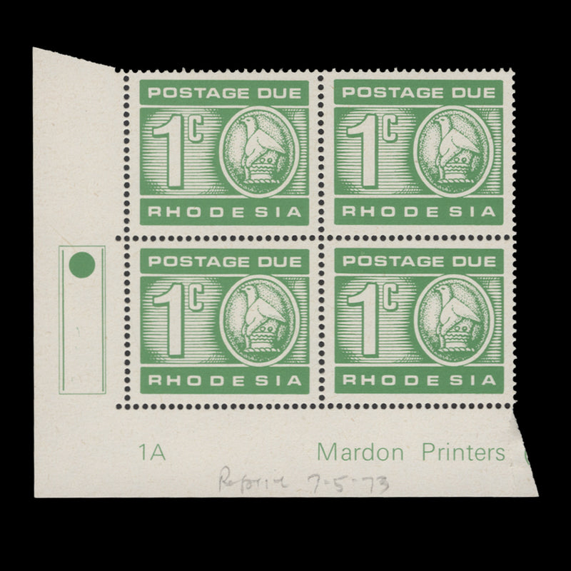 Rhodesia 1973 (MNH) 1c Postage Due traffic light/plate 1A block, brown gum