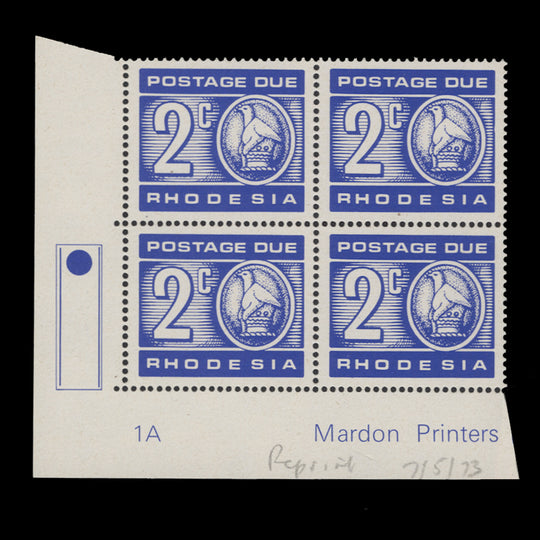Rhodesia 1973 (MNH) 2c Postage Due traffic light/plate 1A block, brown gum