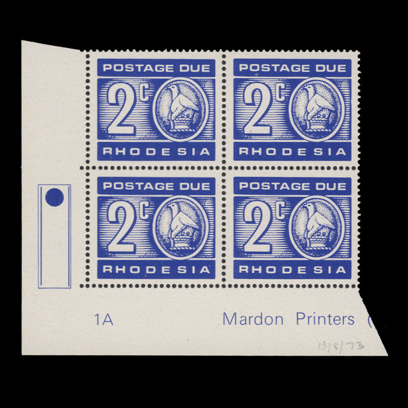 Rhodesia 1973 (MNH) 2c Postage Due traffic light/plate 1A block, brown gum