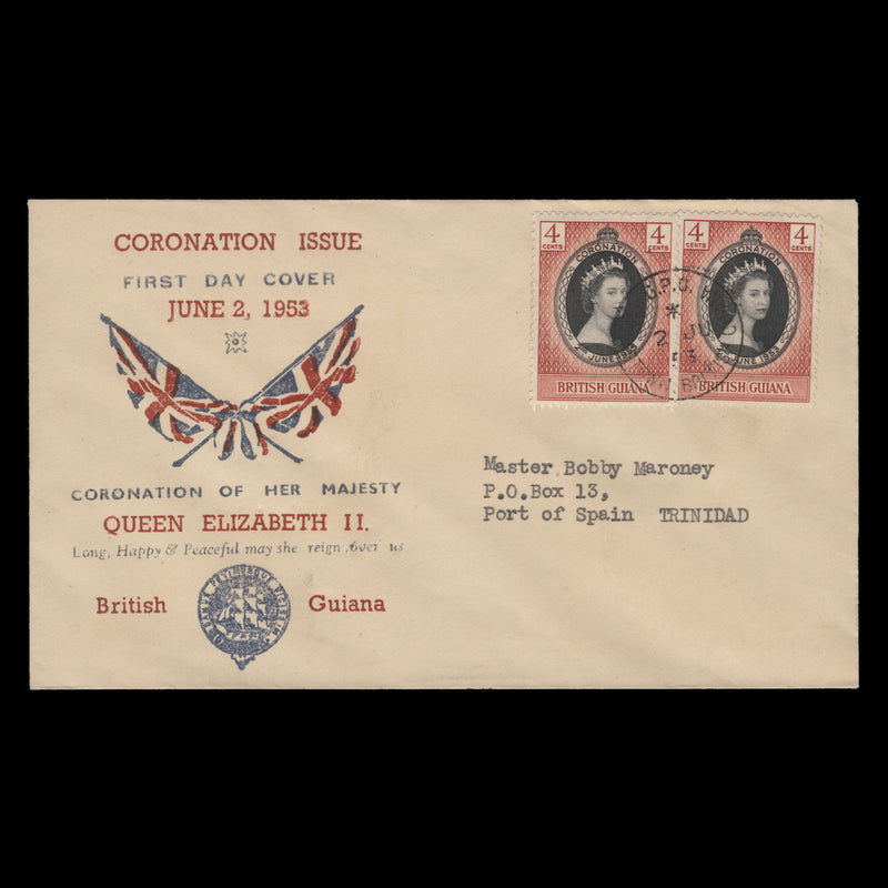 British Guiana 1953 (FDC) 4c Coronation pair, GEORGETOWN