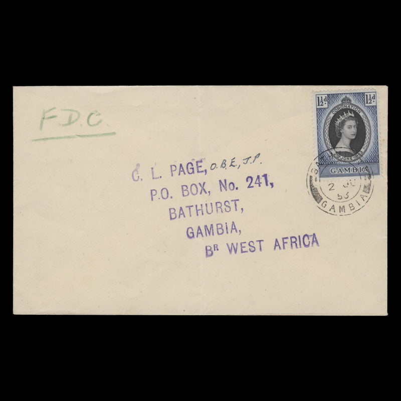 Gambia 1953 (FDC) 1½d Coronation, BATHURST