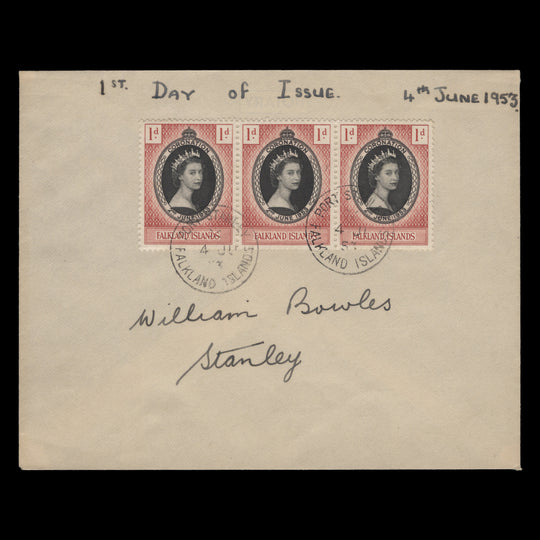 Falkland Islands 1953 (FDC) 1d Coronation strip, PORT STANLEY