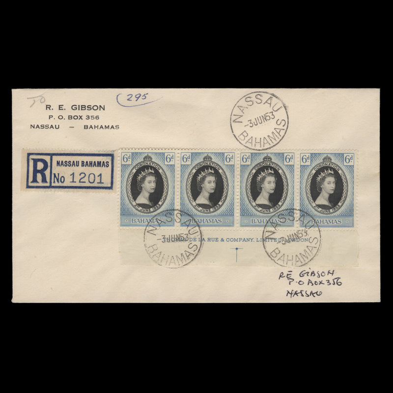 Bahamas 1953 (FDC) 6d Coronation imprint strip, NASSAU