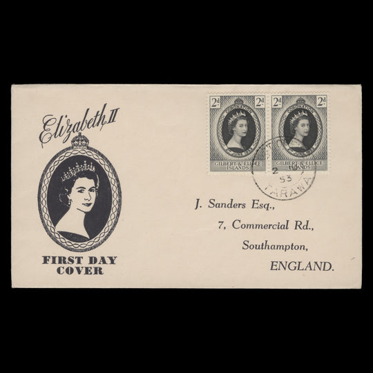 Gilbert & Ellice Islands 1953 (FDC) 2d Coronation pair, TARAWA