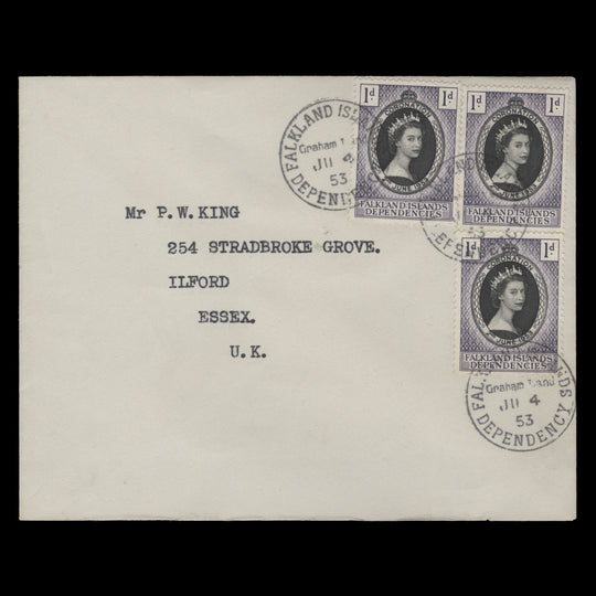 Falkland Islands Dependencies 1953 (FDC) 1d Coronation singles, Graham Land