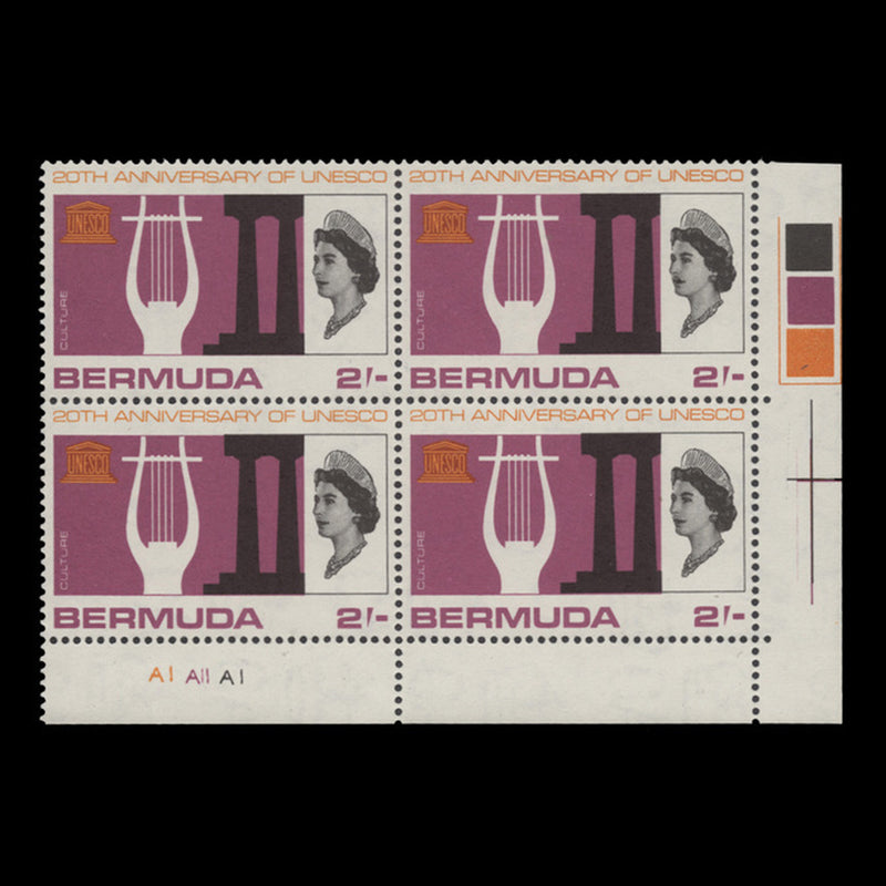 Bermuda 1966 (MLH) 2s UNESCO Anniversary plate AI–AII–AI block