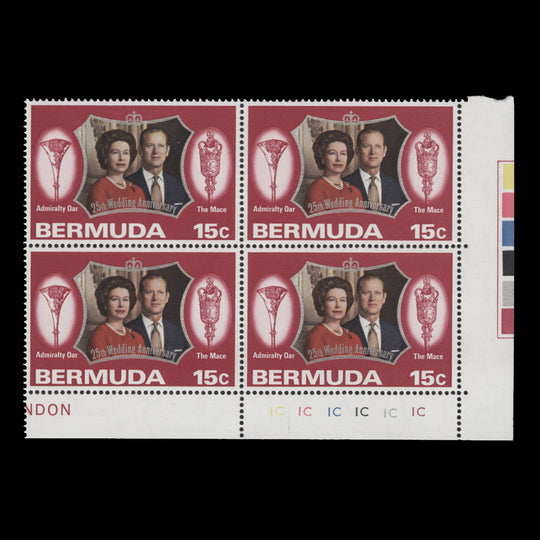 Bermuda 1972 (MLH) 15c Royal Silver Wedding plate 1C–1C–1C–1C–1C–1C block
