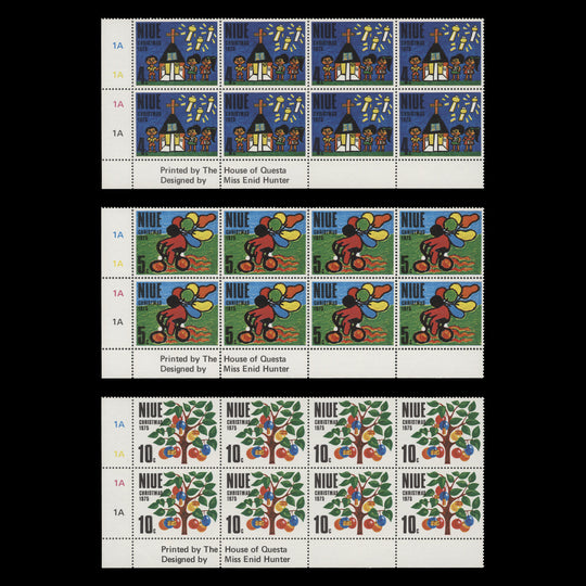 Niue 1975 (MNH) Christmas imprint/plate 1A–1A–1A–1A blocks