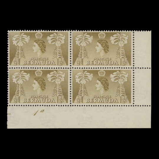 Bermuda 1954 (MNH) ½d Easter Lilies plate 1a block, yellow-olive shade