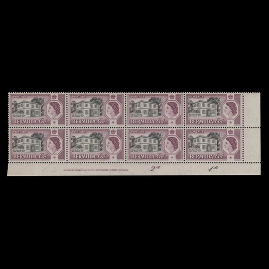 Bermuda 1959 (MNH) 6d Perot's Post Office imprint/plate 2a–1a block