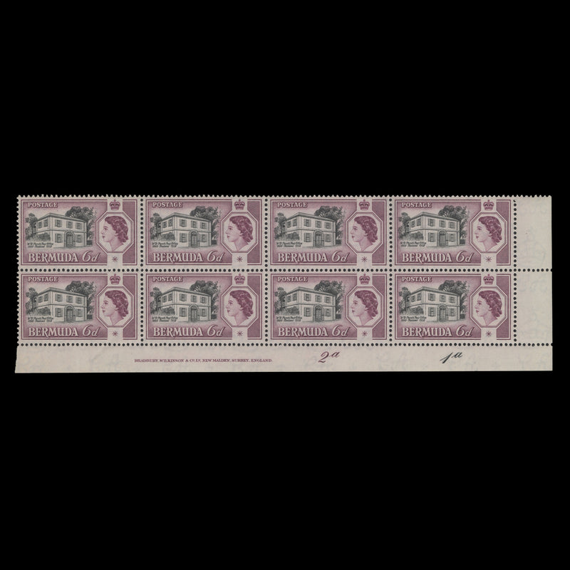 Bermuda 1959 (MNH) 6d Perot's Post Office imprint/plate 2a–1a block