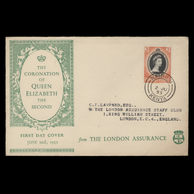 Kenya Uganda Tanganyika 1953 (FDC) 20c Coronation, NAIROBI