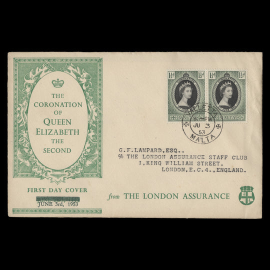 Malta 1953 (FDC) 1½d Coronation pair, VALLETTA