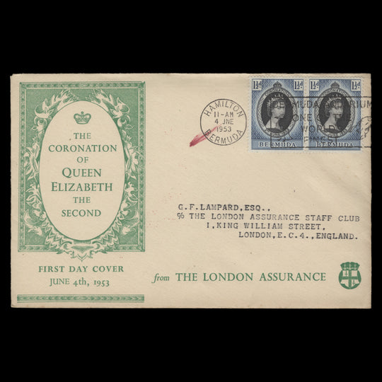 Bermuda 1953 (FDC) 1½d Coronation pair, HAMILTON