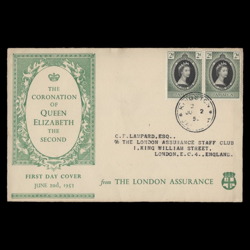 Jamaica 1953 (FDC) 2d Coronation pair, KINGSTON