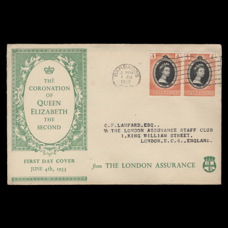 Barbados 1953 (FDC) 4c Coronation pair, GPO