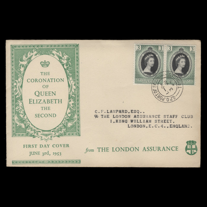 Trinidad & Tobago 1953 (FDC) 3c Coronation pair, PORT OF SPAIN