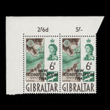 Gibraltar 1964 (Variety) 6d New Constitution pair with overprint '1' flaw