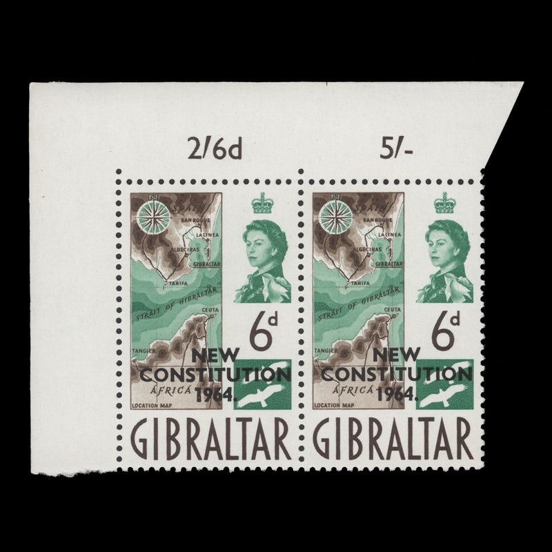 Gibraltar 1964 (Variety) 6d New Constitution pair with overprint '1' flaw
