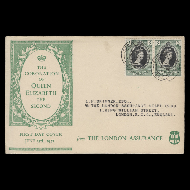 Trinidad & Tobago 1953 (FDC) 3c Coronation pair, PORT OF SPAIN