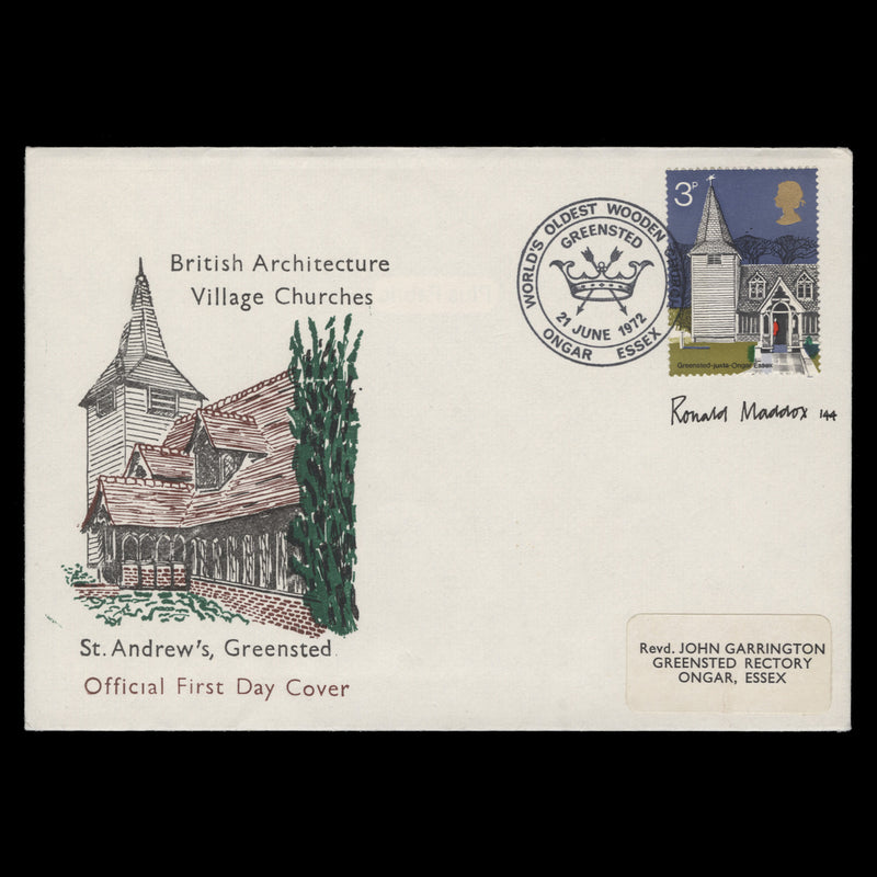 Great Britain 1972 Village Churches first day cover signed by Ronald Maddox