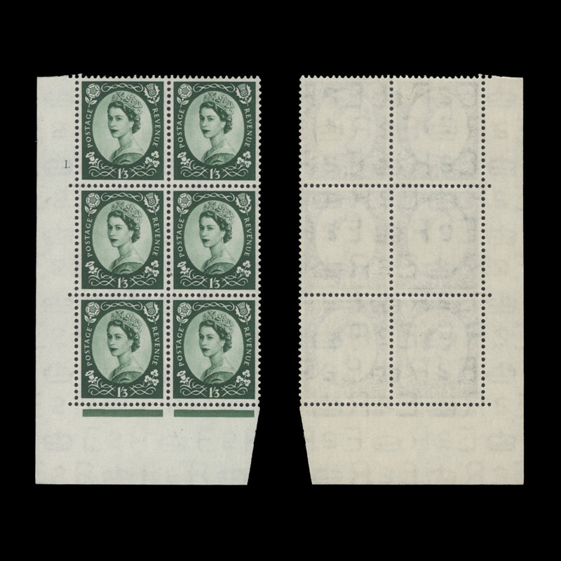 Great Britain 1953 (MLH) 1s3d Green cylinder 1. block, E/I, Tudor crown