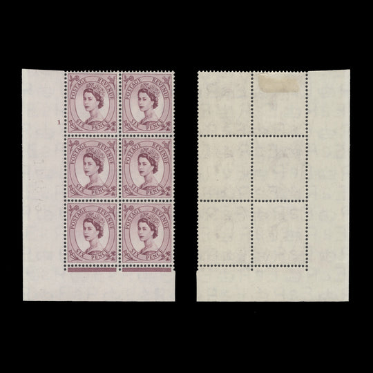 Great Britain 1954 (MLH) 6d Purple cylinder 1 block, I/E, Tudor crown