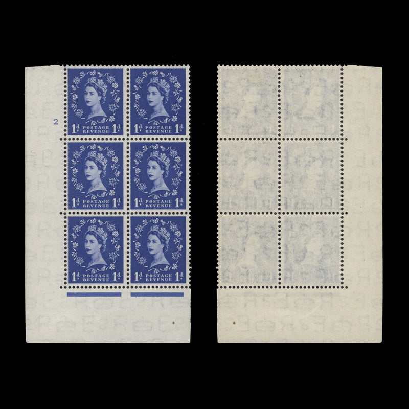 Great Britain 1953 (MLH) 1d Ultramarine cylinder 2 block, E/I, Tudor crown