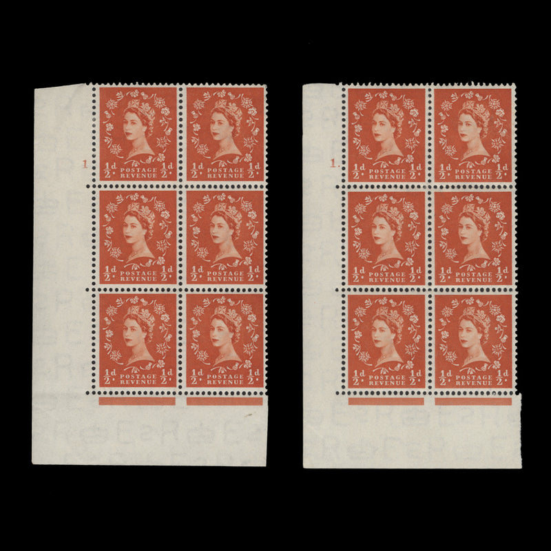 Great Britain 1953 (MLH) ½d Orange-Red cylinder blocks, E/I, Tudor crown