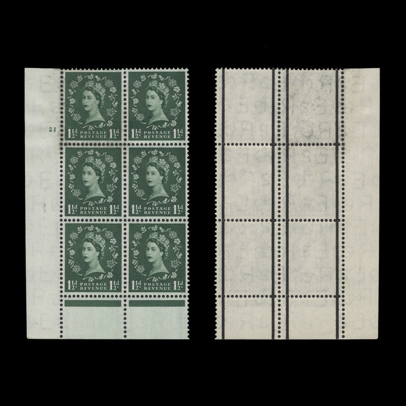 Great Britain 1957 (MLH) 1½d Green cylinder 21 block, I/P, graphite