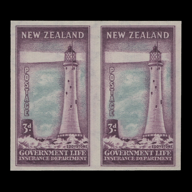 New Zealand 1947 3d Life Insurance imperf proof pair, vertical mesh paper